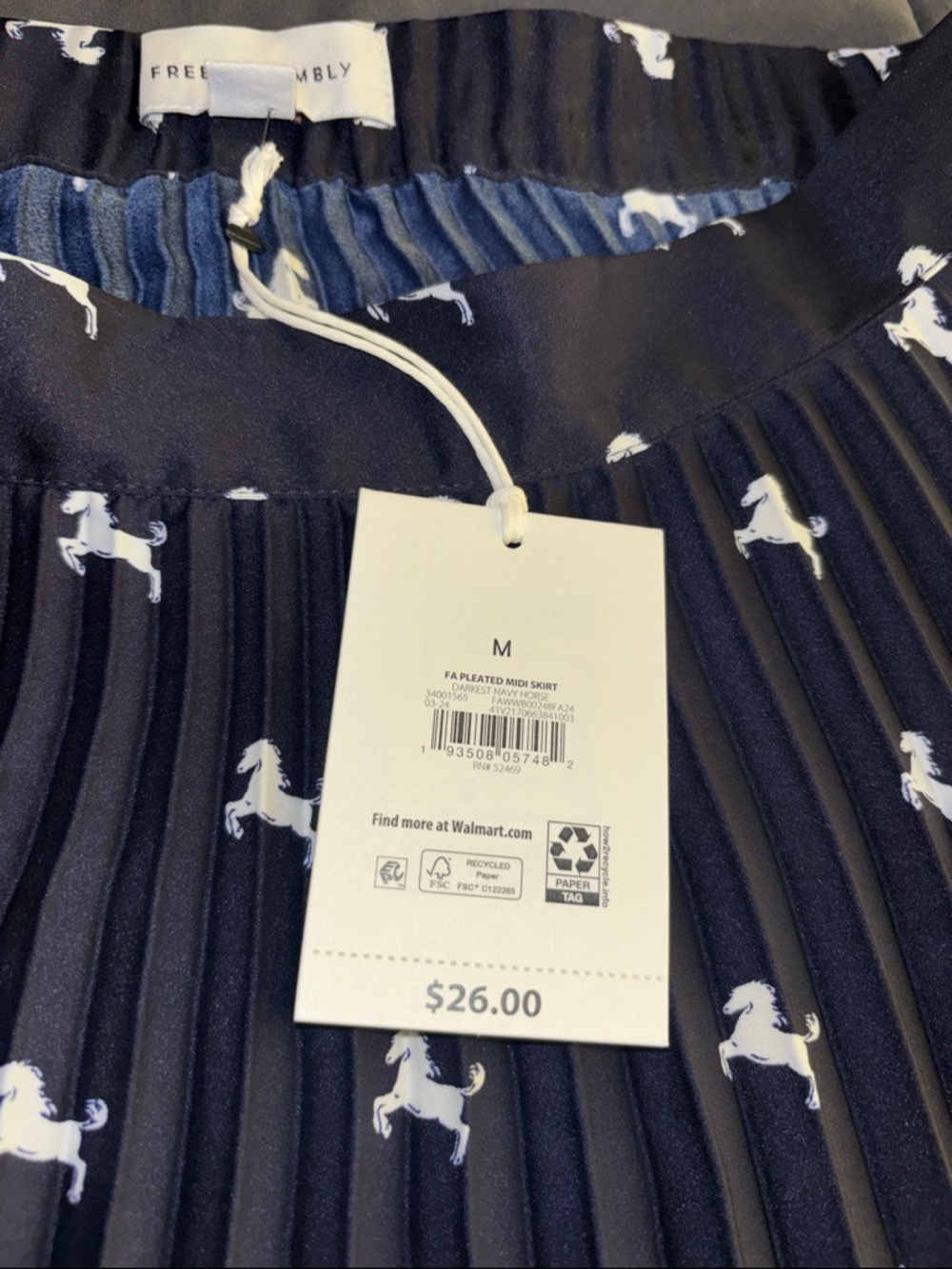 Free Assembly Navy Pleated Midi Skirt with White Horse Print